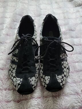 Coach Remonna Signature Jacquard Sneakers Black Grey Logo Lace Up Shoes Size 10M
